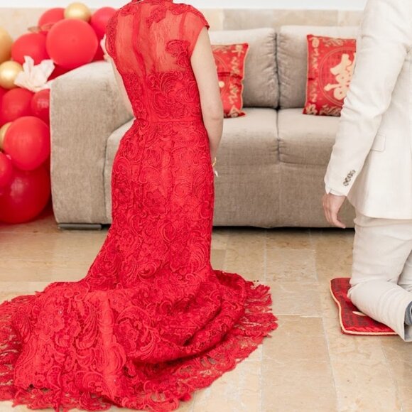 Custom Made Chinese Qipao Wedding Cheongsam Red Lace Beaded Full-length Dress - Picture 11 of 13